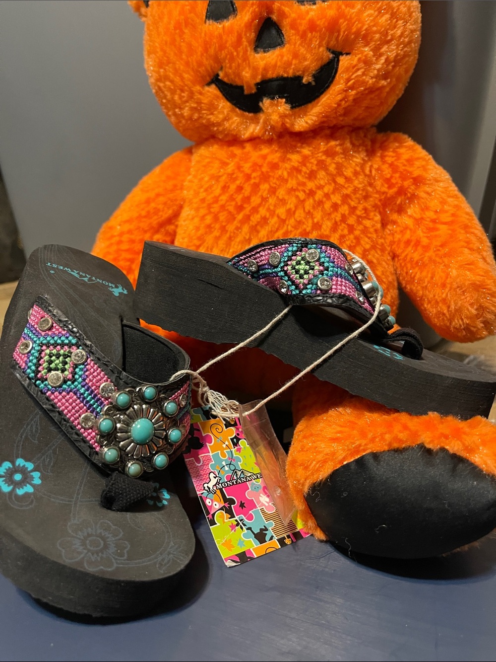 New Beaded Turquoise Rhinestone Concho Kids Flip Flops - Pink/Teal sizes S- L